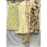 A selection of vintage dresses to include a heavy linen dress with fruit pattern by Ragazze size 40,
