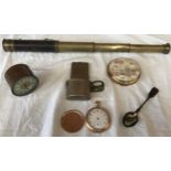 A miscellany to include small brass telescope, american brass travel clock and Waltham gold plated