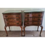 A pair of walnut bedside drawers on cabriole legs. 86 h x 52 w x 38cm d. Glass tops.