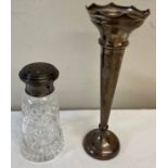 Silver vase filled to base, Birmingham 1976 21cm h together with a silver topped sugar shaker.