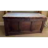 An oak Kist with pine top. 104 w x 44 x 51cm h.Condition ReportCrack to top. boards missing to base,