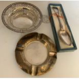 Silver to include pierced dish Birmingham 1906, ashtray London 1945 and spoon Exeter 1846 maker J.