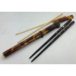 Chinese tortoiseshell travelling chopstick and knife carrying case and separate chop sticks.