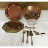 A miscellany to include two copper trays 32.5cm d, an octagonal shaped bevelled mirror with brass