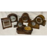 Seven clocks six of which are mantel and one small wall mounted. Four clocks believed to be in