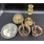 Miscellaneous metal ware to include brass candlestick, plated tray, Benares brass lidded jar and two