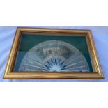 A 19thC Italian hand painted fan in frame with original box, mother of pearl sticks and guards.