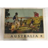 Original Percy Trompf travel poster, Australia. The landing of Captain Cook at Botany Bay 1770,