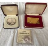 Mint coins 1994 Barbados Queen Mother one dollar, Queen Mother 75th birthday ingot and Queen