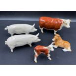 Five Beswick animal figures comprising; 2 pigs, a Champion Wall Queen 40 and a Champion Wall Boy 53;