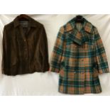 A short brown suede jacket together with a green and orange checked wool mixed coat.Condition