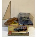 Toys to include German tin plate station, Morris Minor traveller, Modem Fighter Legends, Hawker