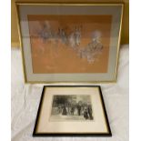 Framed chalk on board of a man with three horses signed Minetto '79, 58cms w x 45.5cms h, together