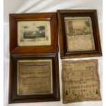 Three samplers, two in frames together with a framed book page depicting Noah's Ark. One sampler