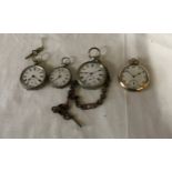 Four pocket watches one rolled gold and three white metal. Largest white metal 5cms in diameter,