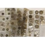 Pre 1920 silver coin collection of 49 coins to include silver threepenny bits, a four pence piece,