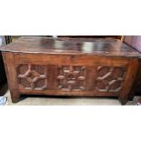 An 18thC oak panelled coffer. 140 w x 60 d x 66cm h.Condition ReportHinge loose. Scratches to top.