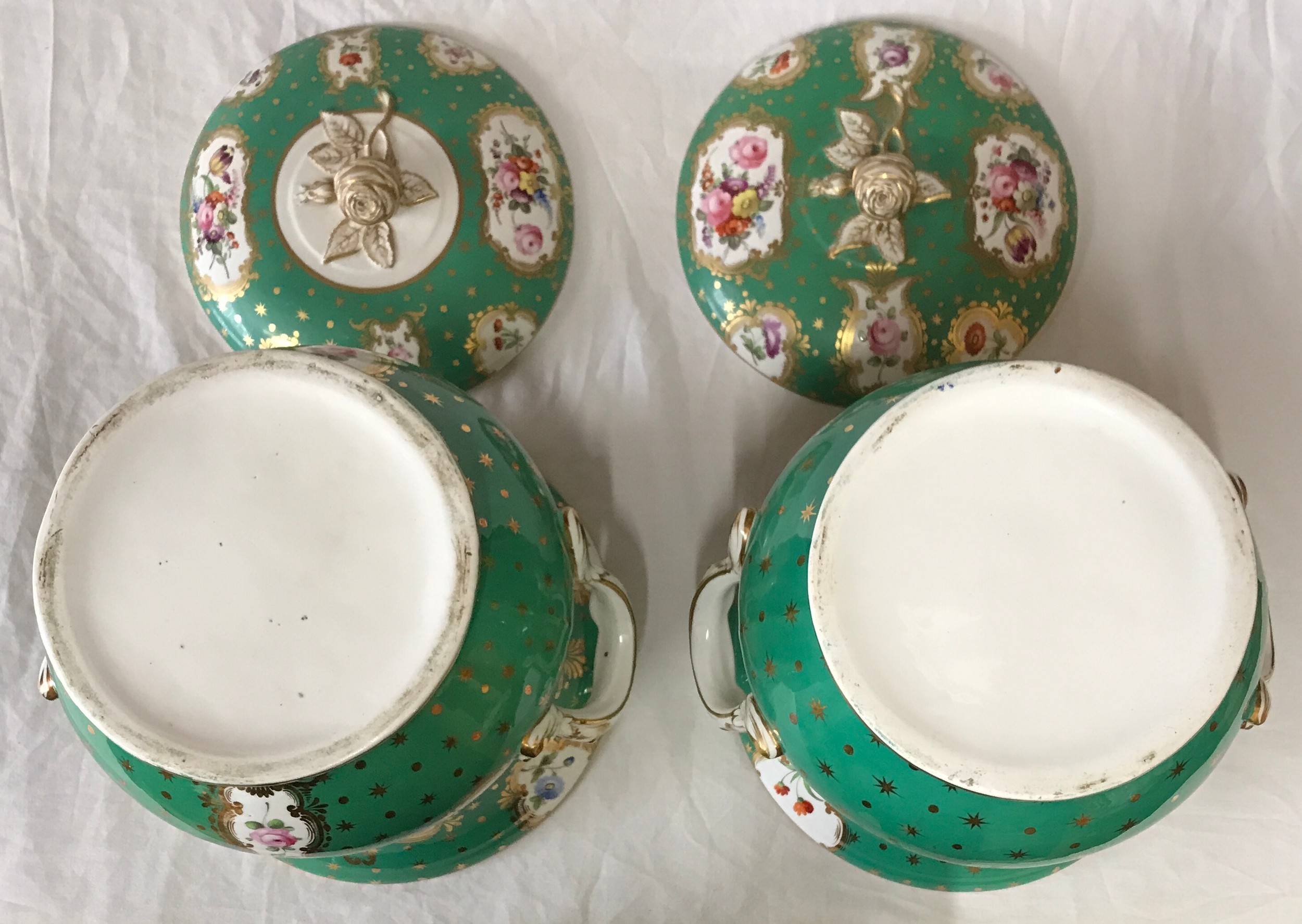 A pair of large 19thC continental ice pails with floral panels on a emerald green and gold - Image 5 of 6