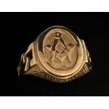 A 9ct gold ring with masonic symbol to front. 5.3gm. Size P.Condition ReportGood condition.