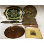 Mixed lot to include a boxed vanity set mirror and brushes, a wooden green/gilt tray, copper tray,