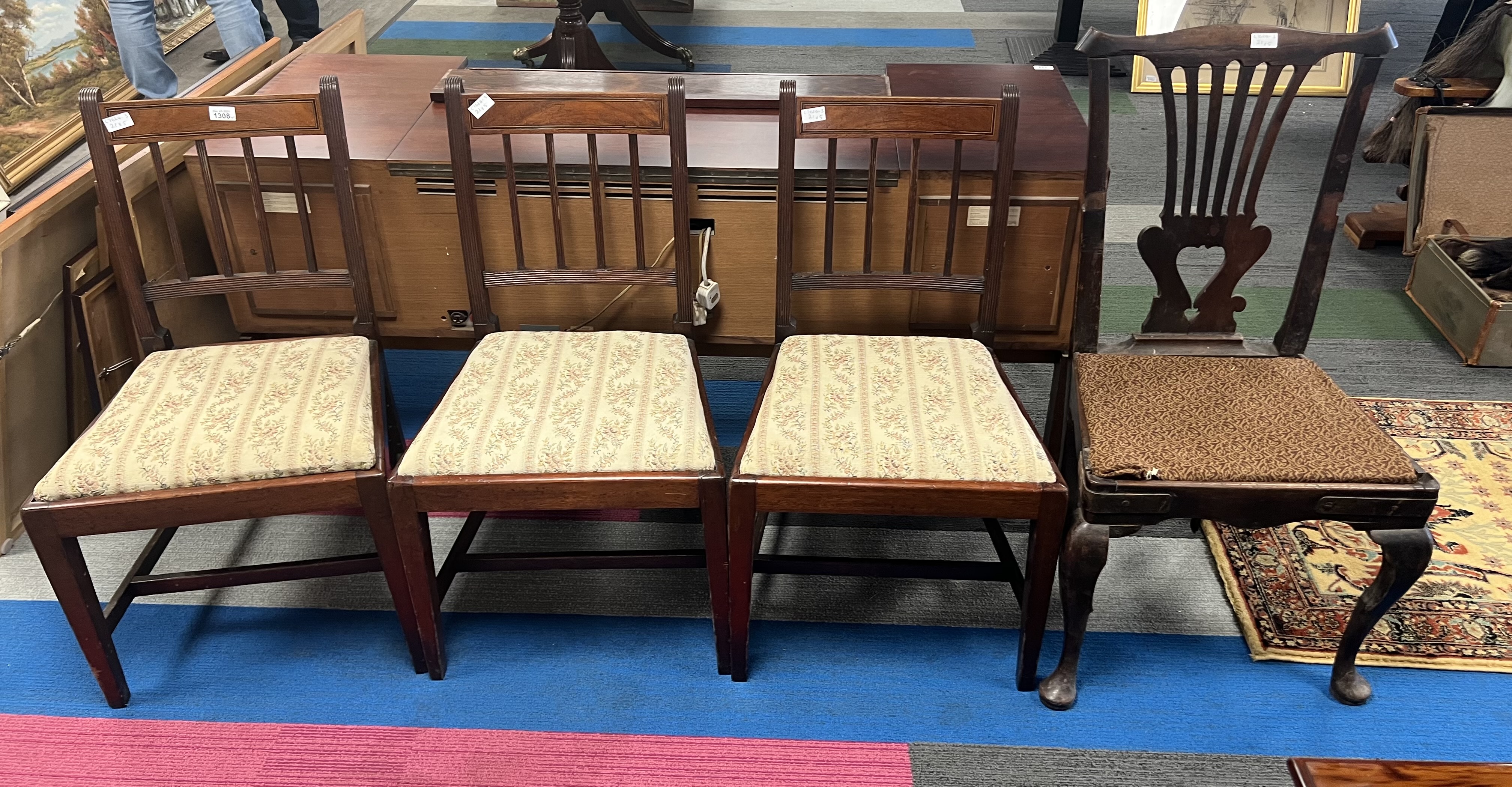 A set of 3 mahogany square taper leg chairs with inlaid stretcher and drop in seats, one slat back - Image 2 of 3