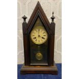 A 19thC mantle clock, etched glass to front. Junghans. 53 h x 28cm w.Condition ReportOne knop