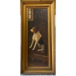 Gilt Framed Oil on canvas of a seated hound in a stable. Canvas size 33.5cms w, 94.5cms h, Frame