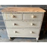 White painted pine chest of drawers, 2 short over 2 long. 96 w x 48 d x 89cm h.Condition ReportMarks