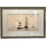 A Roger Davies water colour of the "Seaman" tug boat pulling a large sailing ship, signed bottom