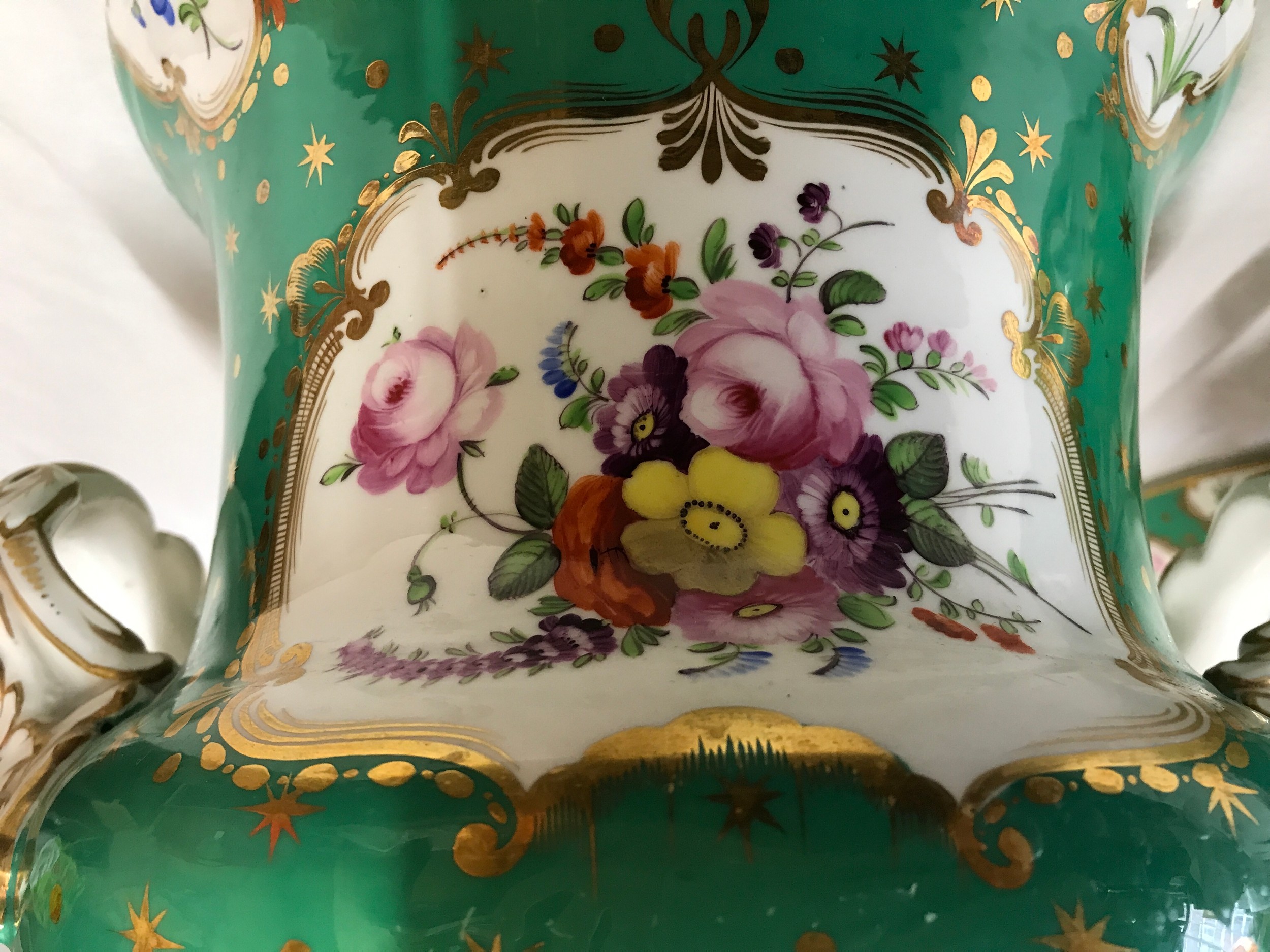 A pair of large 19thC continental ice pails with floral panels on a emerald green and gold - Image 6 of 6