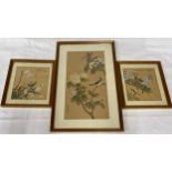Three Chinese hand painted silks of birds in trees, glazed in gilt frames. Largest frame 27 x 31.