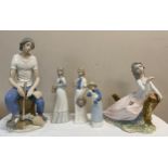 Ceramics to include 3 figurines Rex Valencia, seated man 35cm h, girl with bird and lady with