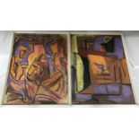 Pair of abstract pastel paintings on paper signed indistinctly Brownton ? 1966. Picture size 64cms h
