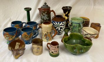 A large collection of Studio pottery to include : C H Brannam Barum mottoware fish jug, dated