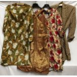 A selection of vintage clothing to include a brown Pokka dot dressing gown, brown and red floral