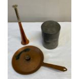 Copper candlestick and small horn (with brass end) and a Chinese Kut Hing Swatow Pewter Tea Caddy