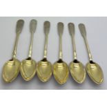Six Russian silver and gilt teaspoons. Marked 84 MA. Engraved to bowl. 93gm total.Condition