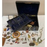 Jewellery box and contents to include hallmarked silver crucifix, 925 silver and enamel brooch,