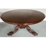 Circular tip top dining table, carved dog face decoration to legs. 128 d x 73cm h.Condition