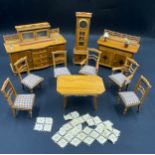 Dolls house furniture to include 2 x sideboards, grandfather clock, 4 chairs and 2 matching