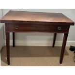 A mahogany tea tea table with drawer to front of square tapered legs. 92 x 45 d x 72cm h.