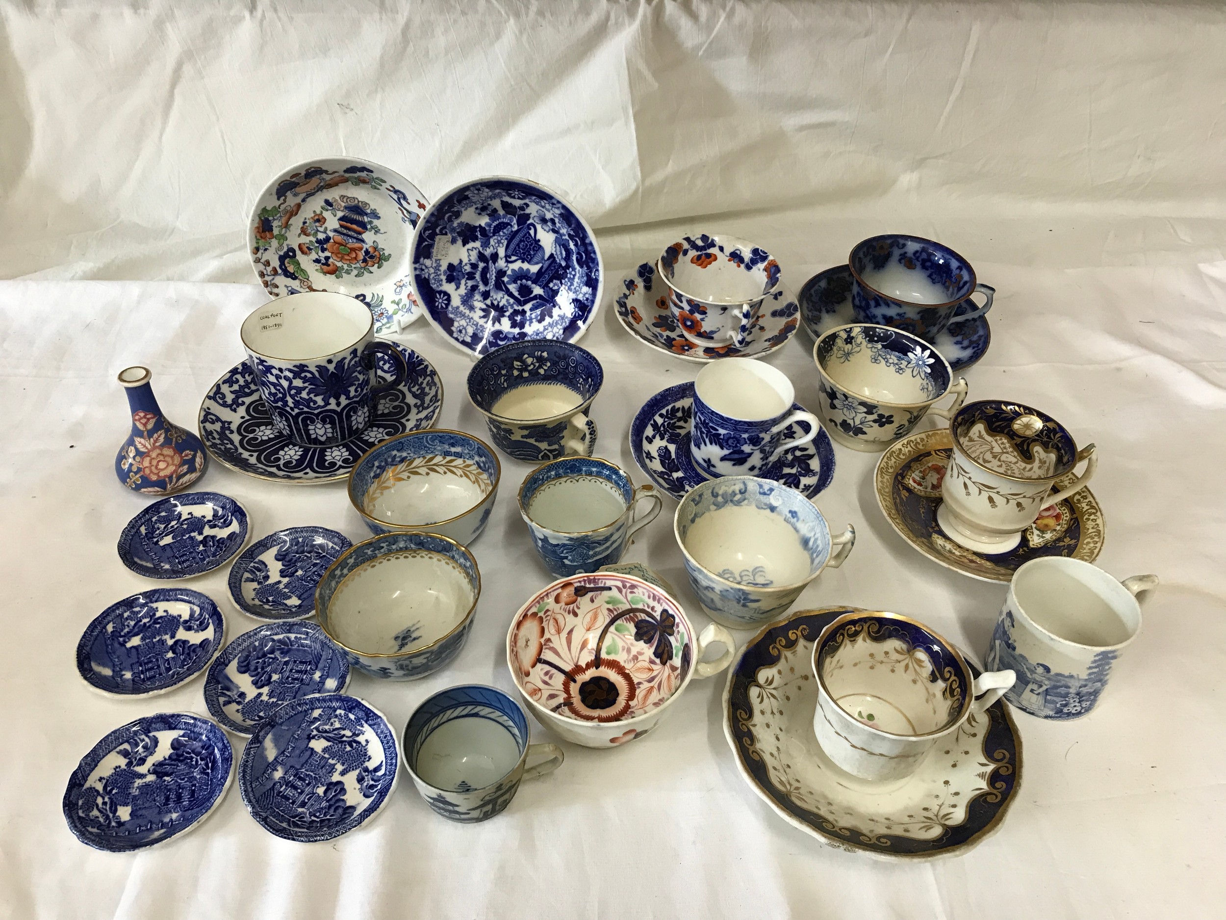 Various ceramics mostly 19thC to include cups, saucers, bowls, dishes and small vase 8.5cms h.