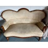 A 19thC two seater upholstered sofa. 146 w x 102cm h.Condition ReportChips to veneer in places.