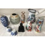 Chinese pottery, tall jug 18cm h, bottle neck vase 15cm h, ginger jar 12.5cm h, blue vase 14.5cm