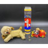 Vintage toys to include : a blonde faux fur straw filled dog with glass eyes, embroidered nose, felt