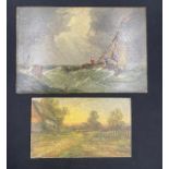 Two oil on board. Sea scape with 2 figures on boat in rough seas 15.5 x 23.5cm and rural scene