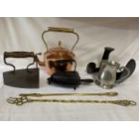 Two cast flat irons, a copper kettle 27cm h, brass poker and fork, cast pewter tankard and a cast