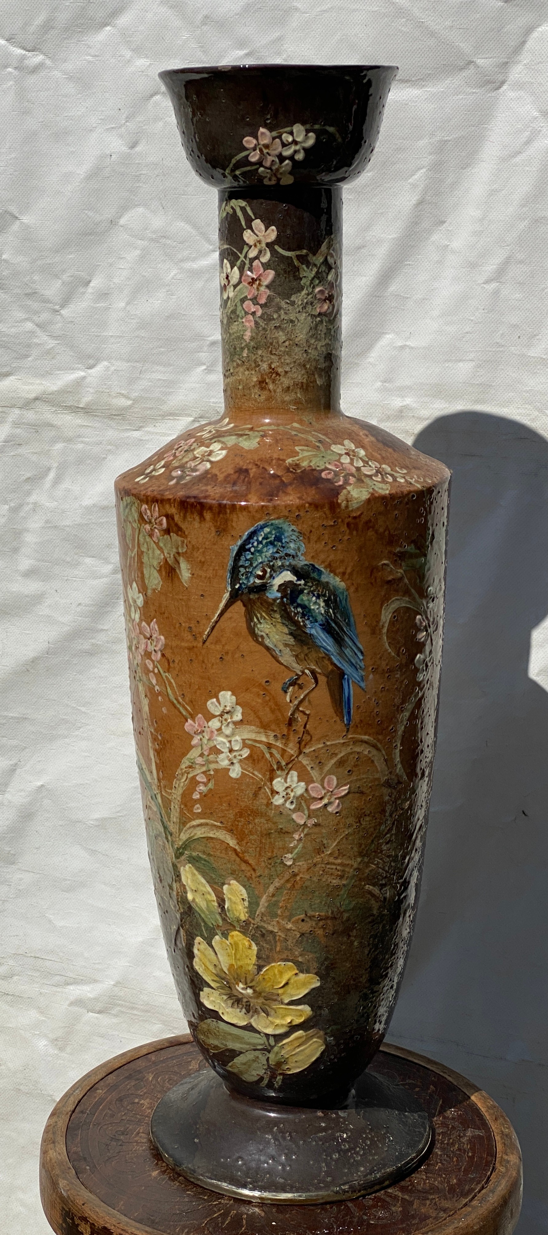A tall 19thC glazed vase depicting kingfisher and floral decoration. 77cm h.Condition ReportPitting - Image 2 of 4
