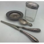 Silver to include caddy spoon Birmingham 1964, silver handled glove stretchers, silver topped