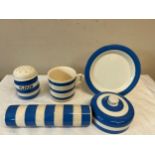 Cornish Ware to include muffin dish with lid 21cm d, flour dredger and rolling pin. Large blue and